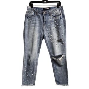Ashley Mason Pearl Embellished Y2K Distressed Slim Jeans 28 Coquette Boho Glam
